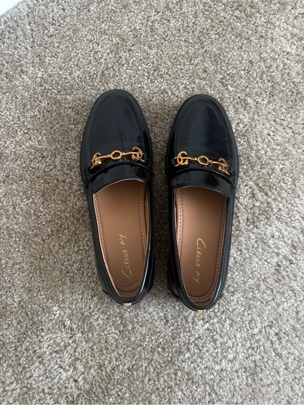 Circus by Sam Edelman Black Patent Leather Loafers with Gold Horsebit